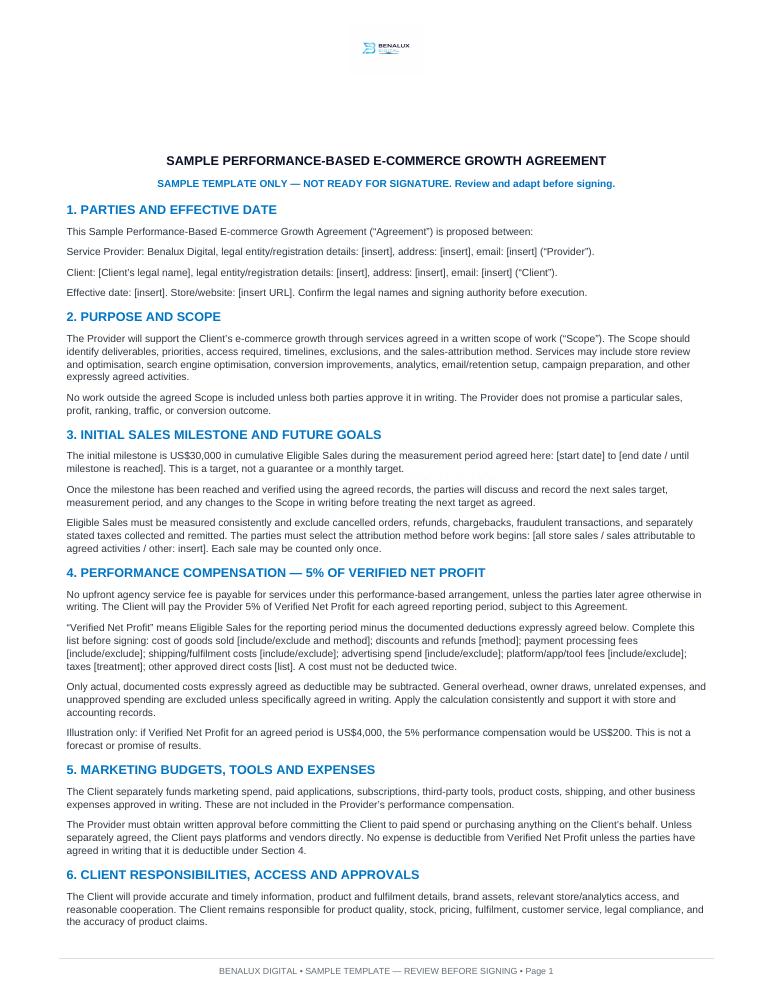 First page of the supplied Sample Performance-Based E-commerce Growth Agreement